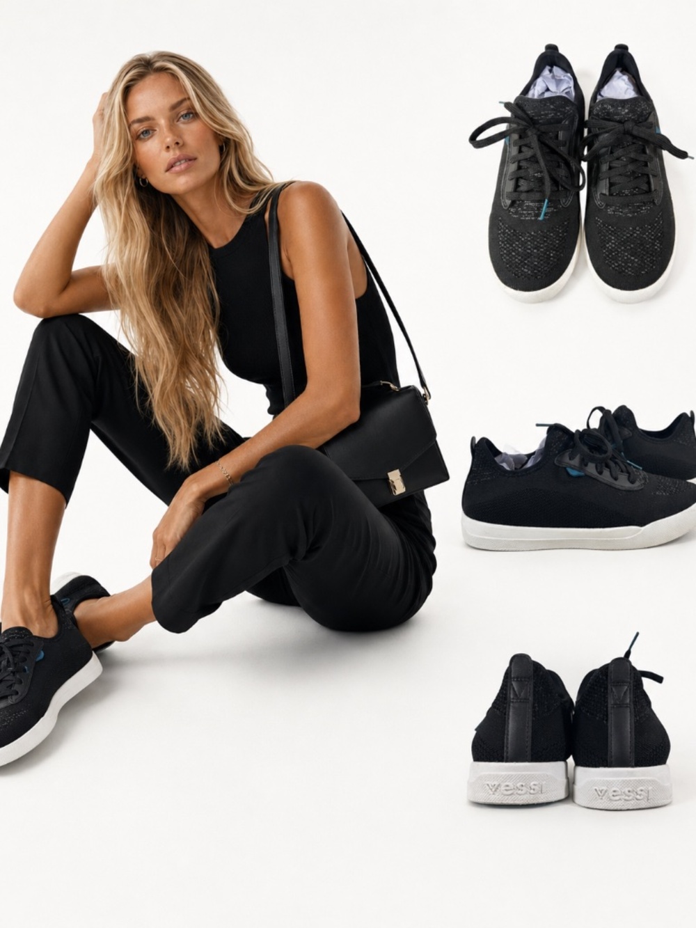 Vessi Weekend Womens 9 Waterproof Dyma-Tex Black White Knit Sneakers